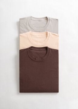 A top down view of a neat stack of three neatly folded cotton t-shirts in earthy neutral shades of grey beige and brown on a clean white background