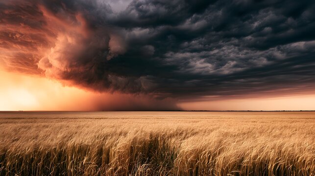 Dark storm clouds over golden wheat field at sunset