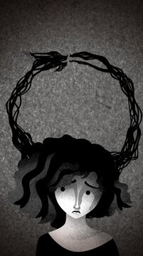 woman with mental rumination and a tangled loop of thoughts entering and leaving her head