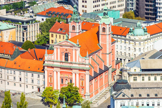 Aerial view of Franciscan Church of the Annunciation on Tromostovje in Ljubljana, Slovenia 