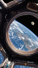Fototapeta premium A view of Earth and the Moon captured through the cupola window of an orbiting spacecraft in outer space.