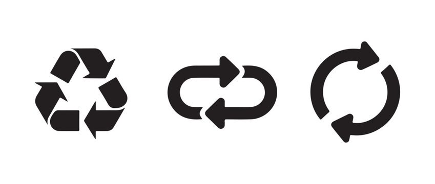 Recycle symbol alongside circular reload and linked arrow icons for sustainable design and data transfer systems.