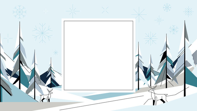 Minimalist geometric winter wonderland background illustration modern retro style horizontal template with blank square frame.