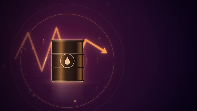 Oil barrel with volatile price arrow on sunset background