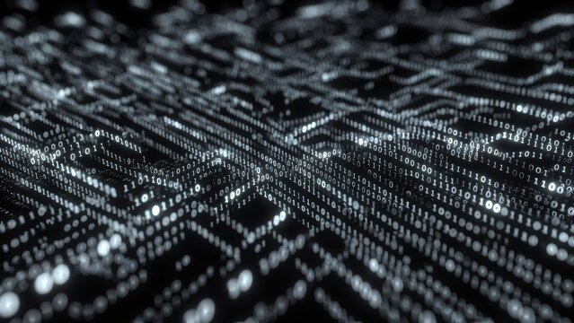 A close-up view of a digital landscape filled with glowing binary code representing technology and data processing