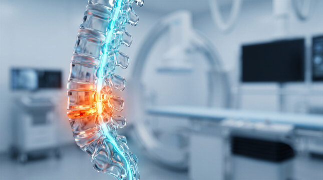 Medical spine anatomy with lumbar disc herniation, vertebrae inflammation and backache in hospital.