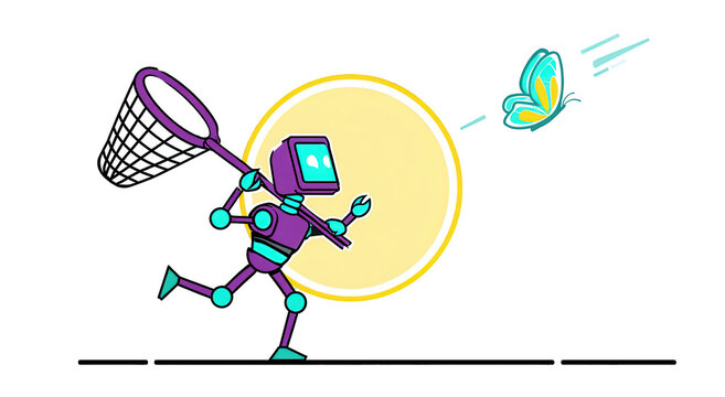 Purple robot character chasing a butterfly with a net isolated graphic