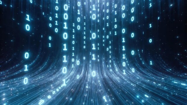 A stream of glowing binary numbers falls through a dark space filled with light and energy representing digital data or technology