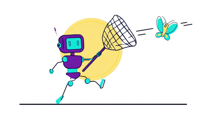 Cute purple robot catching a butterfly with a net isolated graphic