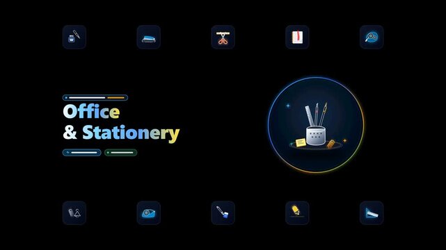Modern animated office stationery layout featuring desk organizer stand, fountain pen, and school supplies icons with smooth motion graphics on clean black background.