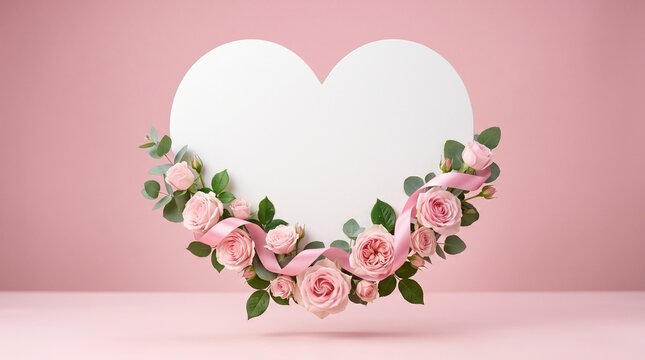 Valentine's Day celebration with pink roses and heart-shaped mirror in studio setting with copy space
