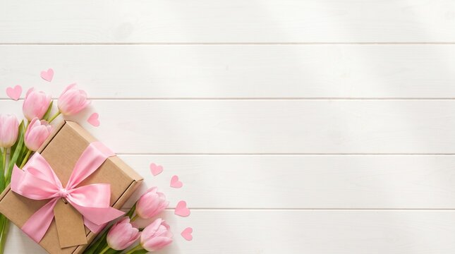 Mother's Day celebration with gift box and pink tulips on white background with copy space