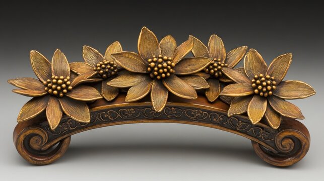 Ornate wooden archway with carved floral accents, studio shot