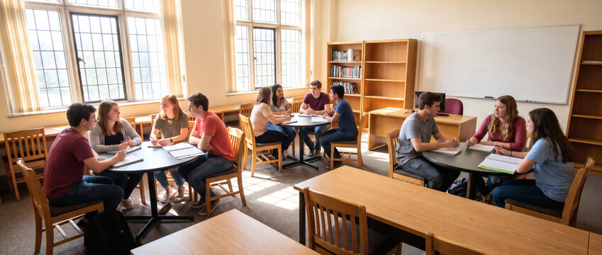 A group of young students gather around round tables in a bright indoor room to study and collaborate on academic work.