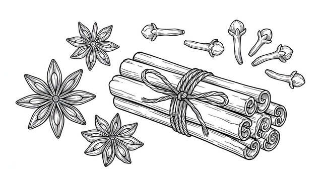 Cinnamon Sticks and Star Anise Line Art Sketches with Cloves on White Background