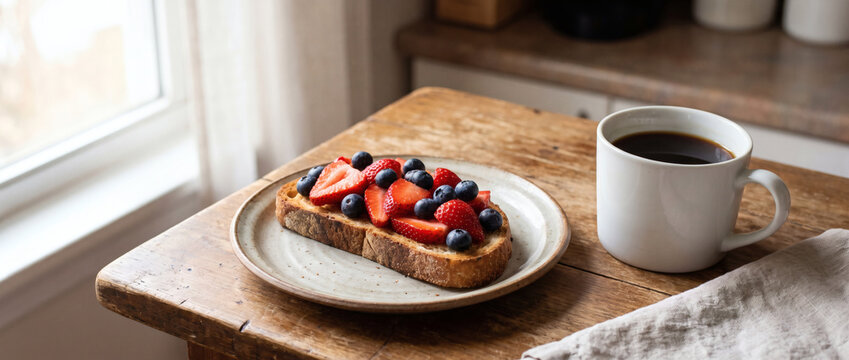 A slice of toasted bread topped with fresh strawberries and blueberries, served with a cup of black coffee on a wooden table.