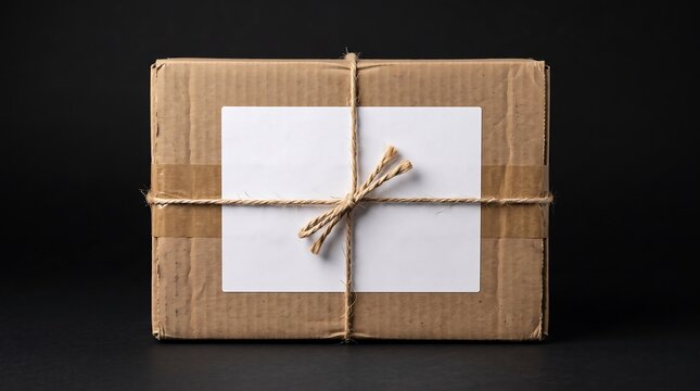 A cardboard shipping box wrapped in rustic twine with a blank white paper label attached for address or branding on a dark black background