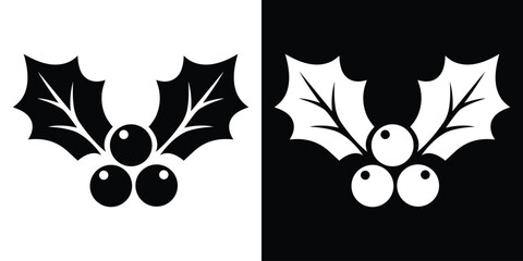 Fototapeta premium Christmas holly berry icon with leaves. Traditional holiday mistletoe plant vector illustration in black and white silhouette.