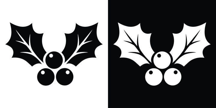 Christmas holly berry icon with leaves. Traditional holiday mistletoe plant vector illustration in black and white silhouette.