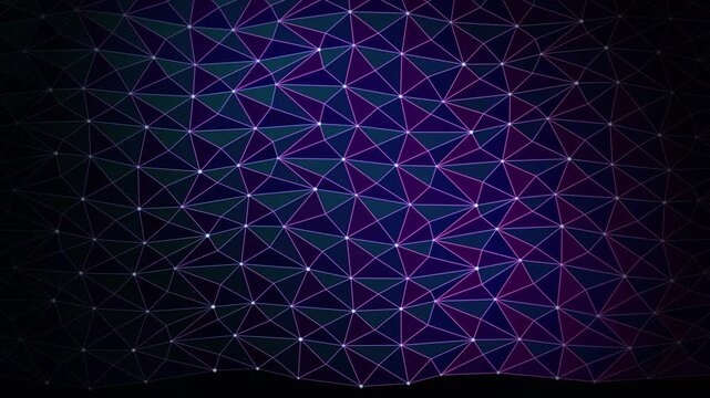 Abstract dark purple and blue digital triangular mesh surface with connected nodes geometric background structure connectivity network