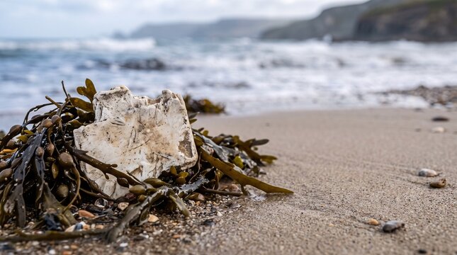 A weathered white stone nestled in dark seaweed on a sandy beach by a restless ocean tide