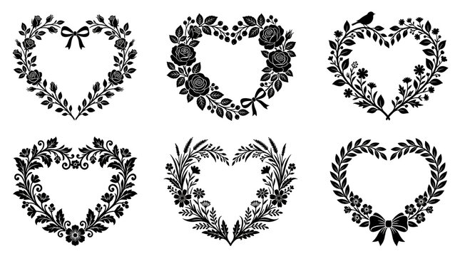 Solid Black Heart Shaped Floral Wreath Silhouette Collection