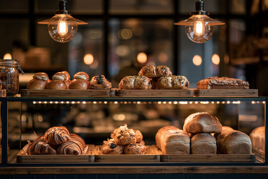 Korean bakery display case with cream buns red bean pastries and milk bread