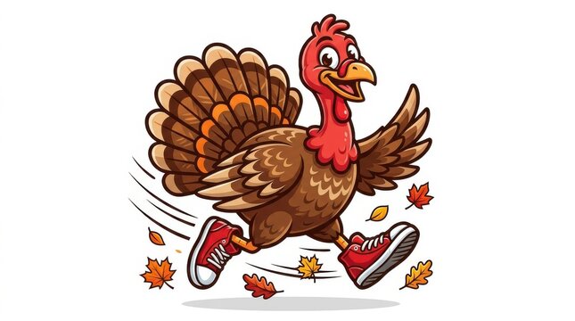 Thanksgiving turkey running in red sneakers with autumn leaves isolated
