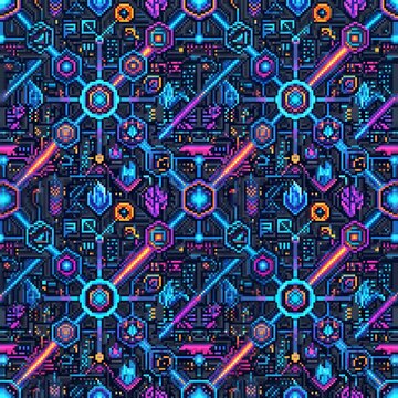 Cyberpunk Pixel Art Circuit Board Seamless Pattern