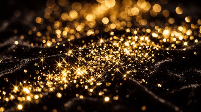 Golden Glitter and Sparkles Bokeh on Dark Velvet Background