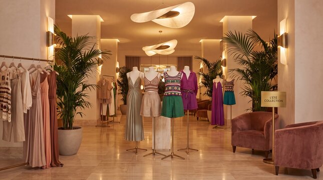 Luxury Fashion Boutique Display with Mannequins in Hotel Lobby