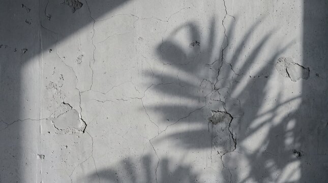 Palm Leaf Shadow on Cracked Concrete Wall Background