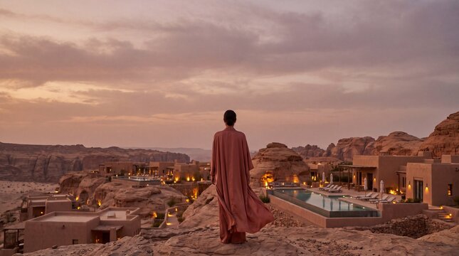 Woman in Robe Overlooking Luxury Desert Resort at Sunset