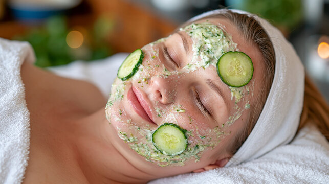 European woman resting during a luxurious spa facial with a cooling cucumber mask, cropped portrait from below the eyes emphasizing fresh skincare and cucumber slices, bright spotless wellness studi
