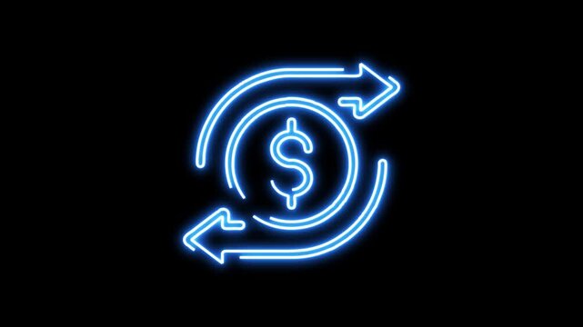 Money symbol video. Animated glowing neon line of dollar sign with arrow representing money transfer, currency exchange, cash flow