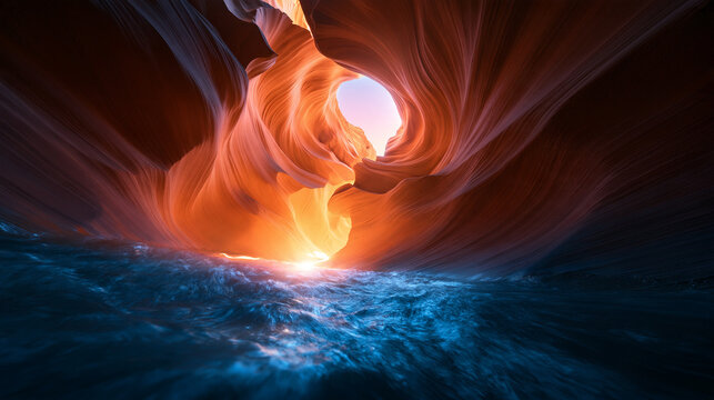 Sunlight Illuminating Swirling Sandstone Slot Canyon With Flowing Water