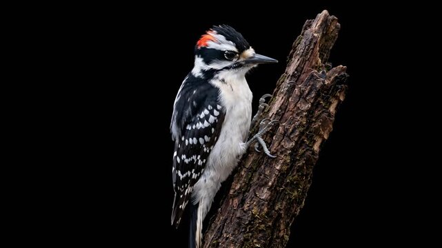 downy woodpecker close up isolated on black background video