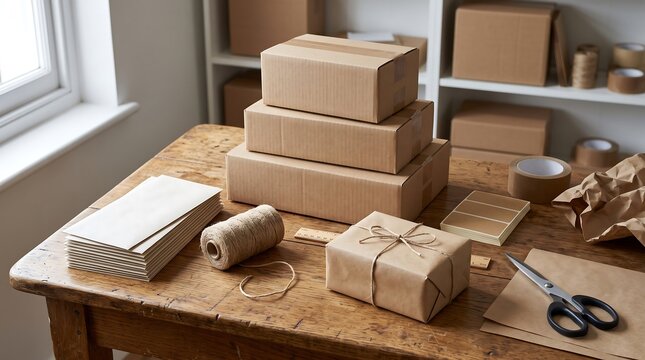 A collection of brown cardboard shipping boxes prepared for mailing with packing supplies and twine arranged on a rustic wooden table in a small business workshop setting