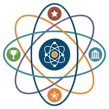 Abstract science concept icon featuring a central atom symbol surrounded by circular badges with a trophy building star symbols