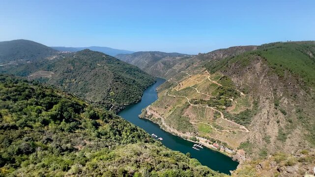 Panoramic wide-angle view of the cliffs along the Sil River in the Ribeira Sacra, Spain. Beautiful scenery