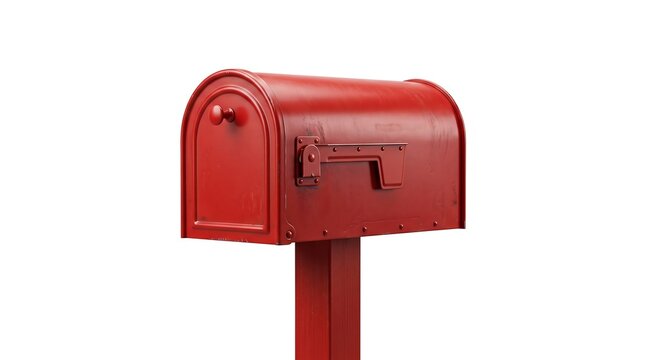 A classic red metal mailbox standing on a post against a plain white background representing traditional communication and residential mail delivery service