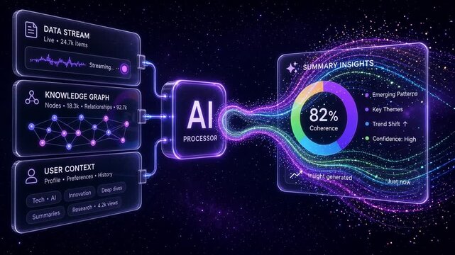 Artificial intelligence processing data streams for generating insights and knowledge graphs for user content analysis