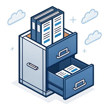 Isometric office filing cabinet with open drawer and organized paper documents filing system office supplies file folder document stora