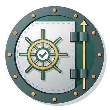 Round secure vault door icon with a checkmark symbol representing safety and verified security bank vault metal door financial security