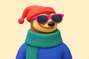 Obraz premium Sloth wearing sunglasses and a winter hat with a colorful scarf