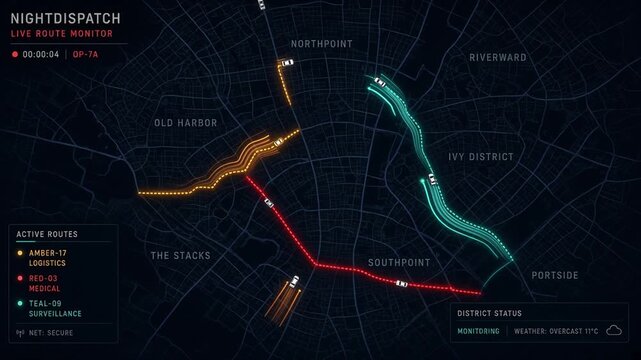 Futuristic GPS navigation map dashboard interface showing vehicle tracking routes in a dark city grid layout