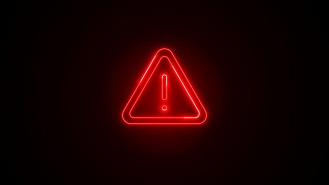 An intense red neon warning triangle featuring continuous traveling energy pulses around its perimeter, punctuated by aggressive double-flash hazard strobes. Banding-free additive blending for 4K.