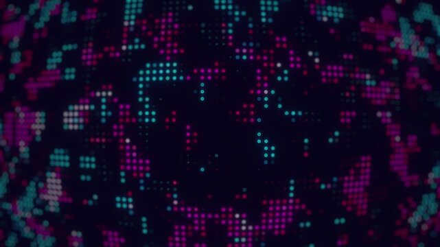 Abstract digital data grid background with glowing blue and pink dots and binary