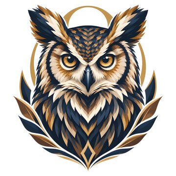 Wise horned owl head mascot emblem vector illustration featuring regal owl portrait with golden halo ring and shield frame