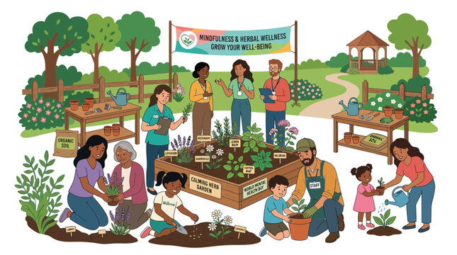 Community Garden Wellness Fair with Diverse People Learning and Gardening